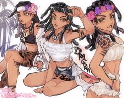1girl alternate_costume arm_tattoo bikini black_bikini black_hair breasts commentary dark-skinned_female dark_skin dragona_joestar dreadlocks english_commentary eyewear_on_head flower flower_wreath green_eyes hair_flower hair_ornament head_wreath headband highres jewelry jojo_no_kimyou_na_bouken leg_tattoo long_hair looking_at_viewer naru_tomaki necklace palmtree pink_flower purple_flower sandals shorts sitting sunglasses swimsuit tank_top tattoo the_jojolands wariza white_headband white_tank_top