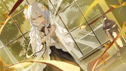 book curtains dress flower frilled_dress frills hair_flower hair_ornament highres indie_virtual_youtuber lamp leaf long_hair smile sofieru sofieru_(artist) tree white_hair window yellow_eyes