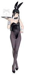 1girl absurdres animal_ear_hairband animal_ears black_bow black_bowtie black_hair black_leotard black_pantyhose bow bowtie breasts crossed_legs detached_collar fake_animal_ears full_body green_eyes hairband hand_on_own_hip highres kantai_collection leotard long_hair ojipon ooyodo_(kancolle) pantyhose playboy_bunny rabbit_ears side-tie_leotard simple_background small_breasts solo standing strapless strapless_leotard thigh_gap tray watermark white_background wrist_cuffs
