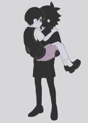 Rule 34 | 2boys, ankle socks, antenna hair, black eyes, black hair, black shoes, black sweater vest, bright pupils, brown shorts, carrying, carrying person, closed mouth, collared shirt, eye contact, face-to-face, full body, grey background, hair behind ear, hands on another&#039;s shoulders, highres, implied yaoi, loafers, looking at another, male focus, multiple boys, omori, profile, saji neko, shirt, shoes, short hair, short sleeves, shorts, skirt, socks, standing, stranger (omori), sunny (omori), sweater vest, very short hair, white eyes, white pupils, white shirt, white socks