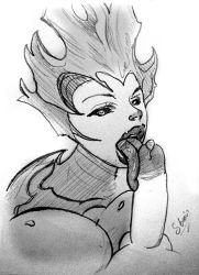 1girl breasts cleavage cum darksiders demon demon_girl drawfag eyelashes fellatio huge_breasts large_breasts lips monster nipples oral penis pov sketch demon_girl tongue wet wraith