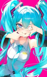 1girl absurdres aqua_eyes aqua_hair aqua_nails aqua_necktie aqua_trim bare_shoulders black_skirt black_sleeves blush breasts closed_mouth collared_shirt commentary_request detached_sleeves frilled_shirt frilled_shirt_collar frills grey_shirt hair_between_eyes hair_intakes hair_ornament hands_up hatsune_miku headphones highres light long_hair long_sleeves looking_at_viewer medium_breasts nail_polish necktie one_eye_covered onmoynn pink_background pink_pupils shirt sidelocks simple_background skirt sleeveless sleeveless_shirt solo tongue tongue_out twintails upper_body v-shaped_eyebrows very_long_hair vocaloid