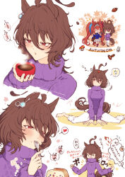 2girls absurdres acorn agnes_tachyon_(umamusume) ahoge animal_ears antenna_hair autumn blowing_on_food brown_eyes brown_hair casual chabo_24 chibi commentary_request daiwa_scarlet_(umamusume) earrings eating flying_sweatdrops fork hair_between_eyes hair_intakes highres holding holding_fork horse_ears horse_girl horse_tail huge_ahoge jewelry long_hair long_sleeves medium_hair messy_hair multiple_girls mushroom official_alternate_costume pants pants_rolled_up purple_sweater single_earring sitting speech_bubble spoken_flying_sweatdrops steam stollen sweater tail tea tiara translation_request turtleneck turtleneck_sweater twintails umamusume very_long_hair wariza white_pants