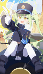 Rule 34 | 1girl, :d, absurdres, armband, backpack, bag, belt, between legs, black belt, blue archive, blue armband, blue hat, blue jacket, blue shorts, buttons, chinese commentary, cloud, cloudy sky, commentary request, cropped jacket, day, demon tail, double-breasted, earrings, fang, full body, gloves, green hair, green halo, hair between eyes, halo, hand between legs, hat, highres, jacket, jewelry, knees up, long hair, long pointy ears, long sleeves, looking at viewer, midriff peek, nozomi (blue archive), open mouth, outdoors, outstretched arm, pantyhose, partial commentary, peaked cap, pointing, pointing forward, pointy ears, short shorts, shorts, sidelocks, sitting, skin fang, sky, sleeve cuffs, smile, solo, tail, twintails, v-shaped eyebrows, very long hair, wako (1194433260), wavy hair, whistle, white gloves, white pantyhose, yellow eyes