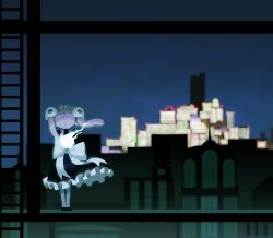 1girl back_bow bloody_marie_(skullgirls) bow building city cityscape dress fire frilled_dress frills from_behind full_body grey_hair hair_ornament kuroirozuki ladder maid_headdress mary_janes night pantyhose shoes skull_hair_ornament skullgirls skyscraper solo steel_beam twintails window