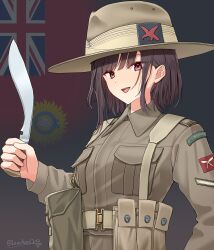 Rule 34 | 1girl, absurdres, ammunition pouch, artist name, belt, breast pocket, british army, brown belt, brown hair, brown hat, brown jacket, campaign hat, commentary, flag background, gurkha, hat, hat ornament, highres, holding, holding knife, jacket, knife, kukri, leochan1202, long sleeves, looking at viewer, military, military rank insignia, military uniform, open mouth, original, patch, pocket, pouch, red eyes, short hair, shoulder patch, solo, union jack, upper body, world war ii