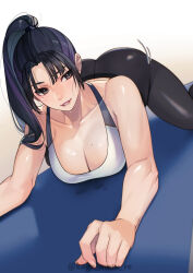 1girl absurdres all_fours ass biting_own_lip black_eyes black_hair breasts cleavage collarbone highres kagematsuri long_hair mole mole_on_breast mole_on_shoulder mole_under_eye multicolored_hair multiple_moles original pants parted_lips ponytail purple_hair solo sports_bra streaked_hair sweat twitter_username white_sports_bra yoga yoga_mat yoga_pants