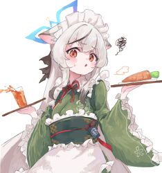 1girl alternate_costume animal_ears black_hair blue_archive blue_halo brown_eyes cat_ears cat_girl commentary_request cup drinking_glass enmaided green_kimono grey_hair halo holding holding_tray japanese_clothes kimono kokona_(blue_archive) long_hair looking_at_viewer maid maid_headdress multicolored_hair obi open_mouth sash shimeji_take simple_background streaked_hair tray two-tone_hair very_long_hair wa_maid white_background