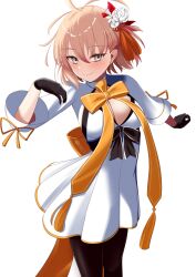 Rule 34 | 1girl, absurdres, ahoge, black gloves, black pantyhose, blonde hair, blush, breasts, dress, fate/grand order, fate (series), gloves, grey eyes, hair ornament, highres, large breasts, looking at viewer, neck ribbon, nigori (keydoor), okita souji (fate), okita souji (fgo fes. 2025) (fate), pantyhose, ribbon, short hair, short sleeves, smile, solo, tassel, white dress