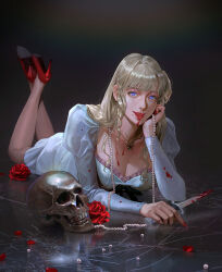 1girl absurdres blonde_hair blood blood_from_mouth blood_on_clothes bloody_knife blue_eyes breasts butterfly_necklace cleavage commentary english_commentary flower high_heels highres holding holding_knife jewelry knife long_hair looking_at_viewer necklace original pearl_necklace red_flower red_nails red_rose rose skull solo vampire vijoux