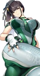 Rule 34 | 1girl, absurdres, black hair, blunt bangs, bodysuit, breasts, brown eyes, eve (stellar blade), fingerless gloves, gloves, green bodysuit, green necktie, highres, impossible bodysuit, impossible clothes, large breasts, long hair, looking at viewer, multicolored bodysuit, necktie, planet diving suit (7th) (stellar blade), ponytail, silver bodysuit, sleeveless, sleeveless bodysuit, solo, stellar blade, thick thighs, thighs, two-tone bodysuit, very long hair, white gloves, yuuyuu (yuuki1771)