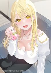1girl :d artist_name beer_can bekotarou black_pants braid braided_bangs breasts can cleavage couch daigaku_de_ichiban_kawaii_senpai_wo_tasuketara_nomi_tomodachi_ni_natta_hanashi drink_can fang from_above holding holding_can indoors jewelry light_blush long_hair necklace novel_illustration official_art on_couch open_mouth pants pov puffy_sleeves scoop_neck second-party_source shirt single_braid sitting smile solo tennouji_akebi white_shirt wooden_floor yellow_eyes