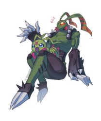 Rule 34 | blue eyes, bug, compound eyes, confeito000 333, digimon, digimon (creature), digimon adventure 02, evolutionary line, full body, highres, invisible chair, red eyes, red hair, shoulder spikes, simple background, sitting, sitting on lap, sitting on person, spikes, stingmon, white background, wormmon