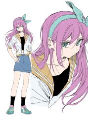 1girl aqua_eyes aqua_hairband aqua_shoes arm_at_side aubrey_(faraway)_(omori) aubrey_(omori) black_shirt black_socks blue_skirt bow_hairband closed_mouth collarbone commentary cropped_torso denim denim_skirt double-parted_bangs fingernails flat_color frown full_body hair_between_eyes hairband hand_on_own_hip hato_popo_37 highres jacket kneehighs long_hair looking_at_viewer midriff miniskirt omori open_clothes open_jacket orange_sailor_collar pink_hair sailor_collar shirt shoes simple_background skirt socks standing symbol-only_commentary three-quarter_sleeves white_background white_jacket