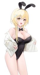 1girl :d absurdres animal_ears bare_shoulders black_bow black_bowtie black_hairband black_leotard blonde_hair bow bowtie breasts cleavage commentary_request covered_navel detached_collar fake_animal_ears flower genshin_impact hair_flower hair_ornament hairband highres hyouuma jacket large_breasts leotard long_hair looking_at_viewer lumine_(genshin_impact) open_clothes open_jacket open_mouth playboy_bunny simple_background smile solo standing strapless strapless_leotard white_background white_flower white_jacket yellow_eyes