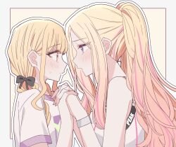 Rule 34 | 2girls, black bow, blonde hair, blush, border, bow, braid, closed mouth, commentary, fujita kotone, gakuen idolmaster, hair bow, highres, holding hands, idolmaster, interlocked fingers, juo sena, kousaka 0v0, long hair, multiple girls, open mouth, orange eyes, outline, pink streaks, ponytail, purple eyes, shirt, short sleeves, simple background, sweatdrop, tank top, twin braids, upper body, watch, white border, white outline, white shirt, white tank top, wristwatch, yellow background, yuri