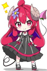 Rule 34 | 1girl, ahoge, alternate eye color, alternate hair color, bare shoulders, black choker, black dress, black shoes, blush, brown horns, choker, closed mouth, commentary request, curled horns, demon girl, demon tail, dress, flower, full body, hair flower, hair ornament, highres, horns, kotatsu-mazoku, lilith (machikado mazoku), lilith (machikado mazoku) (homunculus), long hair, looking at viewer, machikado mazoku, mary janes, purple flower, red eyes, red hair, shoes, short sleeves, sidelocks, simple background, smile, socks, solo, sparkle, standing, tail, very long hair, white background, white socks