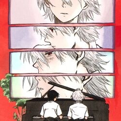 2boys black_hair black_pants commentary_request eyelashes grand_piano grey_hair hair_between_eyes highres ikari_shinji instrument korean_commentary looking_ahead male_focus manbom_03 multiple_boys music nagisa_kaworu neon_genesis_evangelion pants parted_lips piano playing_instrument playing_piano red_background red_eyes school_uniform shirt short_hair short_sleeves side-by-side sitting t-shirt tokyo-3_middle_school_uniform tree white_shirt