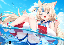 1girl :d animal animal_ear_fluff animal_ears barefoot blonde_hair blue_eyes blue_hair blue_nails blue_sailor_collar blue_sky cat_ears chrisandita claw_pose cloud commentary coral day fangs fish frilled_sailor_collar frills half-closed_eyes indie_virtual_youtuber innertube knees_up long_hair looking_at_viewer multicolored_hair nail_polish one_side_up open_mouth outdoors partially_underwater_shot sailor_collar sameko_saba shirt short_shorts shorts sky sleeveless sleeveless_shirt smile soles solo streaked_hair swim_ring symbol-only_commentary toenail_polish toenails very_long_hair virtual_youtuber white_shirt white_shorts
