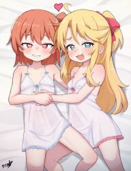 2girls :3 :d absurdres ahoge bare_shoulders bed_sheet blonde_hair blush boppin bow closed_mouth collarbone commentary commission covered_navel cowboy_shot dress green_eyes grin hair_between_eyes hair_bow heart heart_in_eye highres himesaka_noa holding_hands hoshino_hinata loli long_hair looking_at_viewer lying multiple_girls nightgown on_back on_bed one_side_up open_mouth orange_hair paid_reward_available red_bow red_eyes see-through_clothes short_hair sleeveless sleeveless_dress smile symbol_in_eye thick_eyebrows watashi_ni_tenshi_ga_maiorita! white_dress white_nightgown