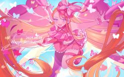 Rule 34 | 1girl, belt bow, blonde hair, blue sky, bow, bow skirt, braid, braided bangs, brooch, butterfly brooch, butterfly earrings, butterfly hat, butterfly hat ornament, cure butterfly, day, earrings, gloves, happy birthday, hat, hat ornament, hello silly0081, highres, hijiri ageha, hirogaru sky! precure, jewelry, long hair, looking at viewer, magical girl, midriff, navel, overskirt, pantyhose, pink hat, pink skirt, precure, purple eyes, purple pantyhose, single leg pantyhose, skirt, sky, smile, solo, very long hair, wing brooch