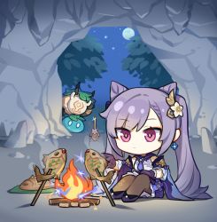 1girl black_gloves black_pantyhose black_skin chibi chinese_clothes colored_skin detached_sleeves earrings fish flower_earrings food genshin_impact gloves hair_ornament hilichurl_(genshin_impact) jewelry keqing_(genshin_impact) leaf leaf_on_head long_hair mask night night_sky official_art pantyhose pink_eyes purple_hair sitting sky slime_(creature) slime_(genshin_impact) tribal