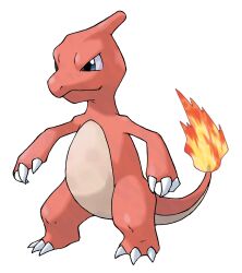 animal_focus blue_eyes charmeleon claws closed_mouth fire flame-tipped_tail full_body gen_1_pokemon highres nintendo no_humans official_art pokemon pokemon_(creature) pokemon_focus pokemon_frlg smile solo standing sugimori_ken tail third-party_source transparent_background v-shaped_eyes