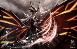 1girl absurdres bare_shoulders black_nails blonde_hair breasts butterfly_mask cleavage dated dress eye_mask fire fur_trim genshin_impact highres insect_wings isukouhai large_breasts long_hair mask moth_wings red_dress signora_(crimson_witch_of_embers)_(genshin_impact) signora_(genshin_impact) solo strapless strapless_dress twitter_username wings