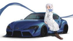 1girl artist_name blue_car blue_scarf boots brown_boots car coat commission elf frieren full_body green_eyes grey_hair looking_at_viewer motor_vehicle noya_(no_ya) on_car pantyhose pointy_ears scarf sitting solo sousou_no_frieren sports_car toyota toyota_supra toyota_supra_mk_v twintails white_coat