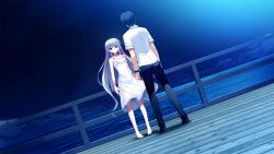 1boy 1girl bare_shoulders barefoot black_hair black_pants black_shoes brother_and_sister cloud dress fumio_(ura_fmo) game_cg grey_hair grisaia_(series) grisaia_no_rakuen horizon kazami_kazuki kazami_yuuji long_hair looking_at_another mihama_private_academy_school_uniform night night_sky non-web_source ocean outdoors pants railing red_eyes school_uniform shirt shoes short_hair short_sleeves siblings sky sleeveless sleeveless_dress spoilers standing sundress variant_set very_long_hair watch white_dress white_shirt wide_shot wooden_floor wristwatch