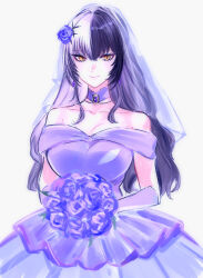 1girl alternate_costume bare_shoulders black_hair blue_dress blue_flower blue_gemstone blue_rose bouquet breasts bridal_veil closed_mouth dress elbow_gloves flower gem gloves grey_hair hair_between_eyes hair_flower hair_ornament highres holding holding_bouquet hololive hololive_english large_breasts long_hair looking_at_viewer multicolored_hair rose shiori_novella simple_background smile solo split-color_hair strapless strapless_dress two-tone_hair upper_body veil very_long_hair wedding_dress white_background yellow_eyes yuri_kyanon