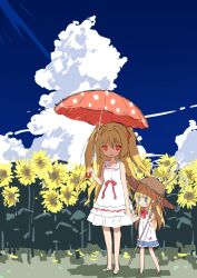 age_difference ahoge arm_at_side bare_arms birthday black_skirt blonde_hair blue_eyes blue_sky bow bowtie brown_hat brown_shoes butterfly_net closed_mouth cloud cloudy_sky contrail day dress field flower flower_field hair_intakes hair_ribbon hand_net hand_up hashtag-only_commentary hat height_difference holding holding_butterfly_net holding_hands holding_umbrella irotoridori_no_sekai looking_at_viewer medium_dress miniskirt mother_and_daughter nikaidou_shinku nikaidou_sora outdoors parted_lips pink_umbrella red_bow red_bowtie red_eyes red_ribbon ribbon ribbon-trimmed_dress ribbon_trim sandals shadow shirt shoes sketch skirt sky sleeveless sleeveless_dress slides smile standing straw_hat summer sundress sunflower sunflower_field takakura two_side_up umbrella white_dress white_sandals white_shirt