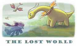 antlion coelacanth dinosaur fish gen_2_pokemon gen_3_pokemon looking_at_another meganium nintendo no_humans pokemon reflective_surface relicanth sauropod vibrava water