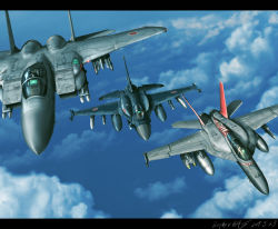 aircraft airplane blue_sky f-15 f-15_eagle f-18 fighter_jet flying military military_vehicle mitsubishi_f-2 original realistic sky vehicle_focus zephyr164
