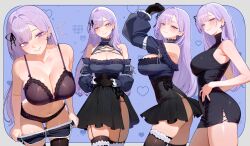 Rule 34 | 1girl, absurdres, ass, bare shoulders, black bra, black dress, black gloves, black panties, blue background, blush, border, bra, breasts, cleavage, cowboy shot, dress, gloves, grey border, highres, indie virtual youtuber, lace, lace bra, lace panties, large breasts, long hair, ms. tsu, multiple views, panties, purple eyes, purple hair, second-party source, simple background, skydarc (vtuber), underwear, virtual youtuber
