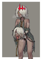 1girl absurdres bare_shoulders body_writing breasts dark-skinned_female dark_skin ebonyxh ero_guro female_pubic_hair grey_background grey_hair grin guro highres medium_breasts nipple_piercing nipple_rings nipples oral_invitation original piercing pubic_hair pussy pussy_juice rags severed_head short_hair smile solaria_(ebonyxh) solo tongue tongue_out tongue_piercing yellow_eyes