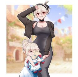 2girls alternate_costume alternate_hair_length alternate_hairstyle bare_shoulders black_choker black_hairband black_jacket black_pants black_shirt breasts character_doll choker cleavage closed_mouth commentary contemporary cropped_jacket doll dongtan_dress dress english_commentary fang female_corrin_(fire_emblem) female_kana_(fire_emblem) fire_emblem fire_emblem_fates grey_eyes grey_hair hair_between_eyes hair_bun hairband highres holding_hands jacket large_breasts lilith_(fire_emblem) looking_at_viewer meme_attire mother_and_daughter multiple_girls nintendo pants pointy_ears red_eyes seityr shirt short_hair single_hair_bun skin_fang sleeveless sleeveless_dress sleeveless_shirt sleeves_past_wrists smile white_dress