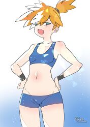 1girl :d bikini blue_bikini blue_shorts blue_sports_bra blush breasts fang green_eyes groin gym_leader hands_on_own_hips highres looking_at_viewer midriff misty_(pokemon) navel nintendo open_mouth orange_hair pokemon pokemon_(anime) pokemon_rgby ponytail short_hair shorts side_ponytail small_breasts smile solo sports_bra standing swimsuit thighs white_hair wristband