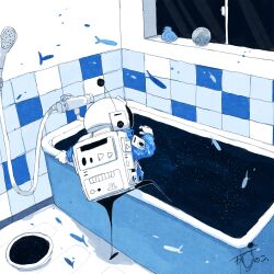 1other absurdres artist_name backpack bag bathroom bathtub blue_jacket commentary fish flying_fish gloves helmet highres indoors jacket kazunoko_(kazunoko_zunoco) moon original other_focus radio_antenna rubber_duck shower_head signature solo space space_helmet standing standing_on_one_leg star_(sky) tile_wall tiles white_gloves window