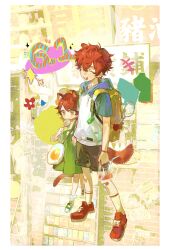 1boy 1girl absurdres animal_ears backpack bag bandaid bandaid_on_knee bandaid_on_leg candy cat_ears cat_tail closed_eyes dog_ears dog_tail dress food green_dress highres hood hood_down hoodie lollipop male_focus open_mouth original qyzhiaiyisheng red_hair shoes short_hair short_sleeves shorts siblings socks tail