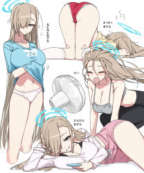 1girl absurdres alternate_costume ass asuna_(blue_archive) asymmetrical_bangs bad_id black_bra blue_archive blue_eyes blue_halo blue_panties blue_shirt bra breasts channel_(caststation) check_translation cleavage commentary duplicate electric_fan fan_speaking floating_hair grin hair_over_one_eye halo highres kneehighs large_breasts long_bangs long_hair looking_at_viewer multiple_views no_pants one_eye_covered panties panties_under_shorts pink_shorts pixel-perfect_duplicate puffy_short_sleeves puffy_sleeves red_shorts shirt short_shorts short_sleeves shorts simple_background smile socks t-shirt top-down_bottom-up translation_request underwear very_long_hair white_background white_panties white_socks