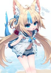 Rule 34 | 1girl, :3, absurdres, animal ear fluff, animal ears, bikini, bikini top only, blonde hair, blue bikini, blue eyes, blue hair, blue sailor collar, cat ears, commentary, dress, feet out of frame, fins, fish girl, fish tail, flat chest, frilled bikini, frilled dress, frilled sailor collar, frills, highres, indie virtual youtuber, leaning forward, lifebuoy hair ornament, long hair, looking at viewer, low twintails, mr.turtle head, multicolored hair, one side up, open clothes, open dress, open mouth, sailor collar, sameko saba, short shorts, shorts, sleeveless, sleeveless dress, solo, streaked hair, striped bikini, striped clothes, swimsuit, tail, twintails, very long hair, virtual youtuber, white dress, white shorts