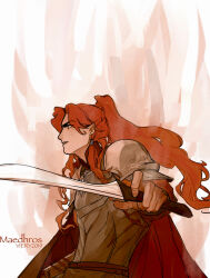 Rule 34 | 2019, armor, artist name, cape, character name, dated, elf, eyebrows, high ponytail, highres, holding, holding sword, holding weapon, long hair, maedhros, pointy ears, ponytail, prince, profile, red hair, shoulder armor, sword, the silmarillion, tolkien&#039;s legendarium, viery, weapon