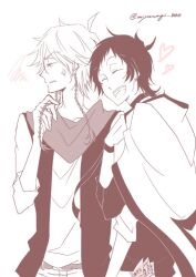 2boys ahoge alicein_mikuni angry antenna_hair black_choker black_hair bracelet braid choker closed_eyes heart jewelry kamiya_tsurugi male_focus miyanagi_000 monochrome multiple_boys open_mouth scarf servamp short_hair side_braid white_hair yaoi