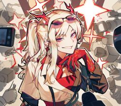 Rule 34 | 1girl, arknights, camera, colored extremities, colored skin, commentary, dragon horns, earrings, eyewear on head, horns, jacket, jewelry, long hair, long sleeves, looking at viewer, microphone, multicolored hair, multicolored jacket, multiple others, nian (arknights), nian (thunderbolt director) (arknights), official alternate costume, phone, pointy ears, purple eyes, red hair, red shirt, red skin, shirt, sidelocks, smile, solo focus, st4y4u, streaked hair, two-tone jacket, upper body, white hair