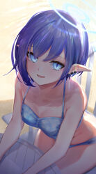 1girl aoi_(blue_archive) bikini blue_archive blue_bikini blue_eyes blush breasts collarbone earclip halo highres kaiso_(kaisooekaki) looking_at_viewer mole mole_under_eye monobloc_(chair) on_chair pointy_ears purple_hair short_hair sitting small_breasts smile solo swimsuit