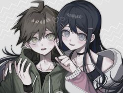 Rule 34 | 1boy, 1girl, :d, ahoge, black choker, black hair, blush, brown eyes, brown hair, choker, collarbone, commentary request, danganronpa: trigger happy havoc, danganronpa (series), double-parted bangs, finger to another&#039;s cheek, frown, green jacket, grey background, grey eyes, hair between eyes, hair ornament, hairclip, hand on another&#039;s shoulder, hand up, heart, heart choker, highres, hug, index finger raised, jacket, long hair, long sleeves, looking at viewer, maizono sayaka, naegi makoto, open mouth, parallel hairclips, ringed eyes, short hair, simple background, smile, spiked hair, straight hair, sweatdrop, teeth, twitter username, upper body, upper teeth only, yu gi (yu 69821b)