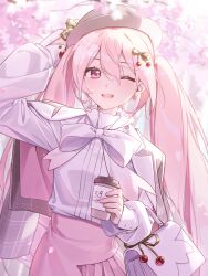 1girl 39 akabino arm_up bag blurry blurry_foreground bow bowtie cherry_hair_ornament day dress_shirt food-themed_hair_ornament hair_ornament handbag hat hatsune_miku highres holding long_hair long_sleeves miku_day outdoors pink_hair pink_skirt sakura_miku sakura_miku_(rella) shirt skirt solo spring_(season) standing twintails very_long_hair vocaloid white_bow white_bowtie white_shirt