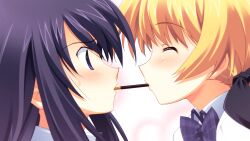2girls aoi_sena black_bow blonde_hair blush bow bowtie chaos;head chaos;head_love_chu_chu! closed_eyes collared_shirt face-to-face food food_in_mouth game_cg hair_bow imminent_kiss incoming_pocky_kiss long_hair long_sidelocks looking_at_another matsuo_yukihiro mouth_hold multiple_girls nervous_sweating non-web_source official_art orihara_kozue pink_lips plaid_bow plaid_bowtie plaid_clothes pocky pocky_in_mouth pocky_kiss purple_bow purple_bowtie purple_eyes purple_hair school_uniform shared_food shiny_eyes shiny_lips shiny_skin shirt sidelocks suimei_school_uniform suimei_summer_uniform sweat sweatdrop twintails white_shirt worried yuri