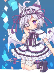 1girl ahoge bandages bat_wings boots demon_tail dress emil_chronicle_online eyepatch frilled_dress frilled_hairband frills hairband kurosaki_yomi medical_eyepatch purple_boots purple_eyes purple_hair purple_ribbon ribbon tail white_familiar_alma white_wings wings